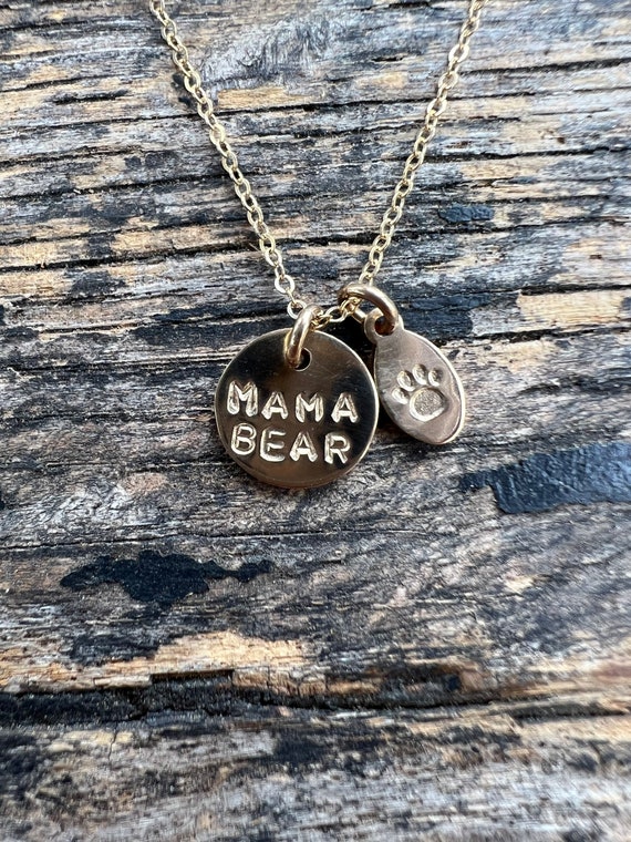 14 k yellow gold fill Mama Bear charm necklace with tiny paw charm