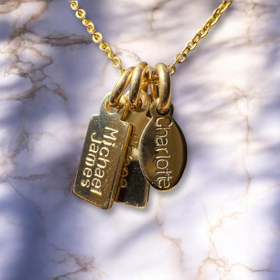 Custom Name Necklace with Mixed Charms • Two Rectangle & Up to Three Oval Charms • Personalized Kids Name Gift • Gold Fill or Silver