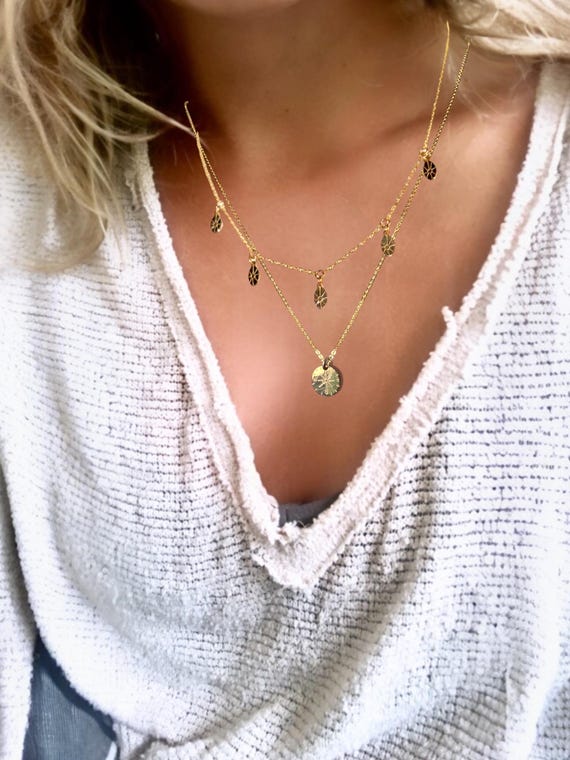 5 Sun Necklace • 14k Gold Fill or Sterling Silver Dainty Sunshine Gift  • Tiny Handmade Sun Charms • Short Layering Necklace (16” or 18”)