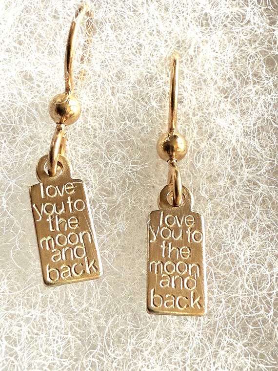 Love You to the Moon and Back Earrings • Personalized Quote Jewelry • Dainty Rectangle Charm Earrings • 14k Gold Fill or Sterling Silver