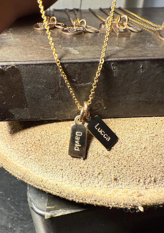 Two Name Necklace • Custom Gold Tag Necklace • Personalized Bar Pendant in 14k Gold Fill • Dainty Layered Gift for Mom or Partner