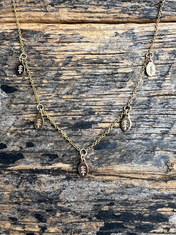 5 pine tree necklace in 14k yellow gold fill