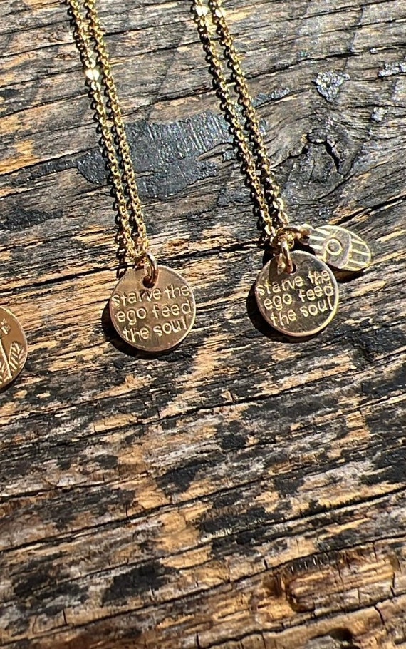 14k yellow gold fill starve the ego feed the soul charm necklace with tiny evil eye charm