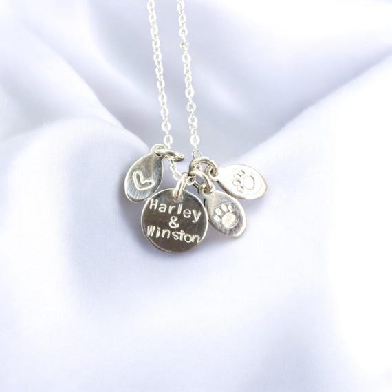 Custom 2 pet name necklace- custom cat names- custom dog name jewelry- personalized pet name on a charm- choose silver or gold