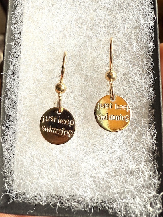 Just Keep Swimming Earrings • Hand-Inscribed Gold or Silver Jewelry • Inspirational Quote Earrings • Disney Movie Gift for Her