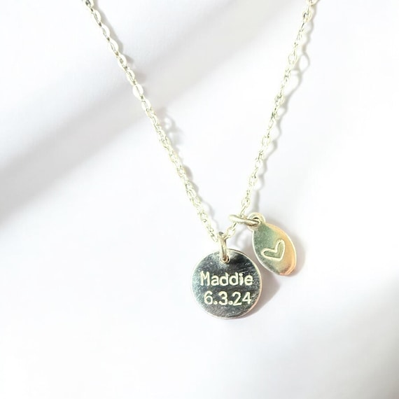 Custom Baby Name Necklace • Personalized Birth Date Jewelry • New Mom Gift in Gold or Silver
