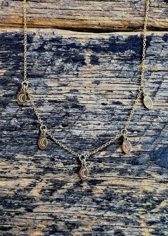 5 Crescent Moon Necklace • 14k Gold Fill or Sterling Silver • Dainty Celestial Short Layering Necklace (16” or 18”)