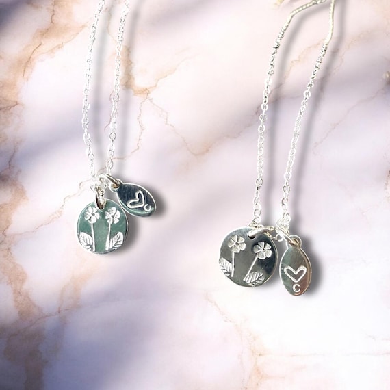 Two Flower Necklace • Personalized Mother’s Day Gift • Custom Initials or Date Necklace • Gold Fill or Sterling Silver