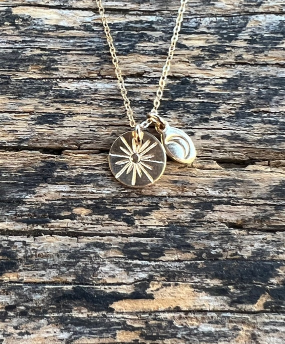 Sun and moon eclipse necklace in 14k yellow gold fill