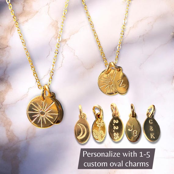 Sun & Moon Necklace • 14k Gold Filled or Sterling Silver Jewelry • Custom Initial, Date, or Symbol Charms