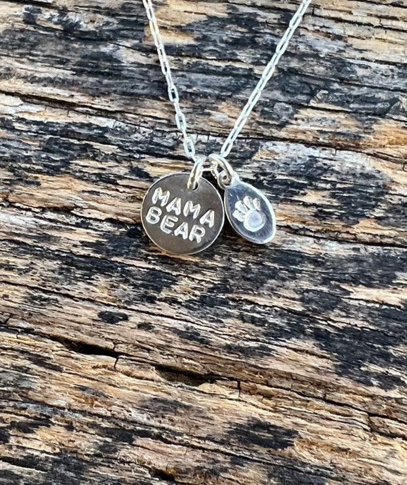 Mama Bear with Paw Charm necklace sterling silver