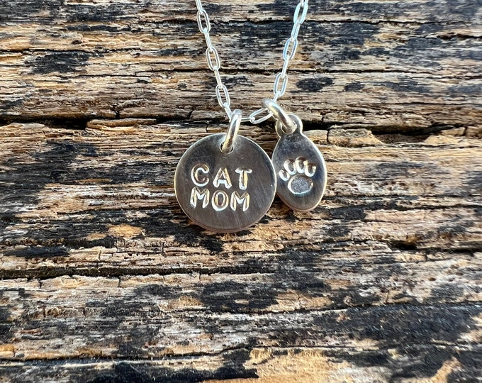 Sterling silver cat mom necklace with tiny cat paw charm