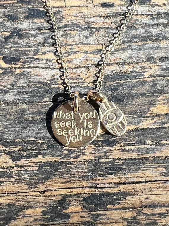 14k yellow gold fill Rumi quote necklace with evil eye tiny charm