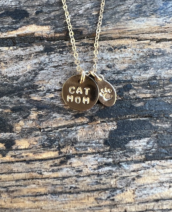 14k yellow gold fill Cat Mom necklace with tiny paw charm