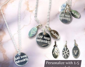 Just Keep Schwimmen Halskette • Personalisierte Sterling Silber Zitat Schmuck