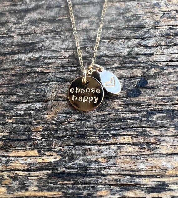 14k yellow gold fill choose happy necklace with heart charm