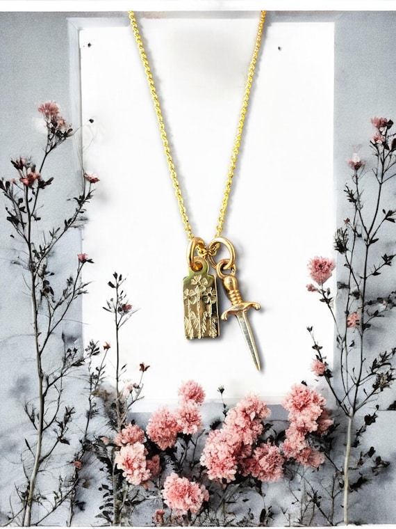 The Bloom & the Blade Necklace • Dagger and Flower Jewelry • Feminine Strength Pendant • Gold Fill or Sterling Silver