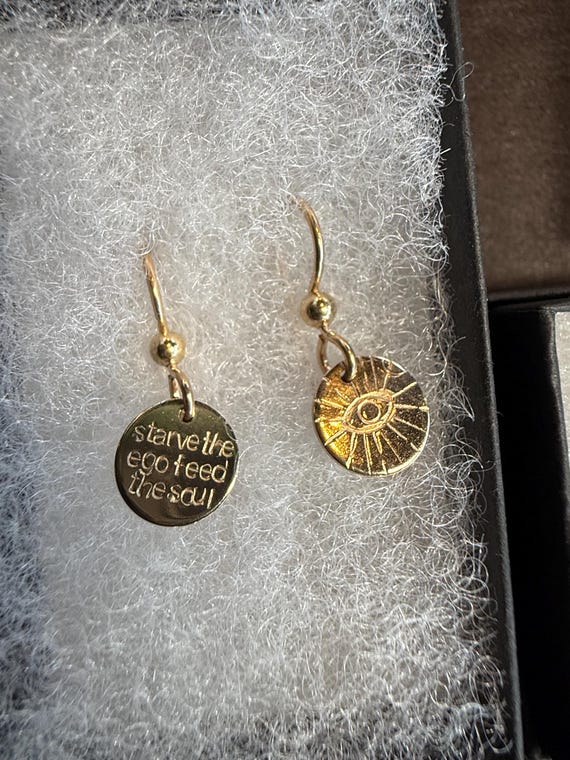 Starve the Ego, Feed the Soul’ Evil Eye Earrings • Hand-Inscribed Disc Dangle Earrings in Gold-Filled or Sterling Silver • Spiritual Jewelry