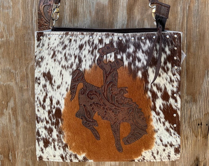 B4 Ready to Ship! Western Leather & Cowhide Handbag Rodeo Purse Tooled Embossed Leather w/ Bucking Horse Tote