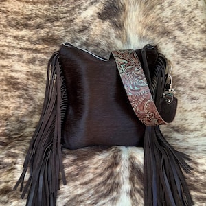 3139 Ready to Ship! Embossed Leather Boho Western Cowhide Fringe Handbag Rodeo Cross Body Purse