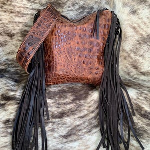 3134 Ready to Ship! Embossed Leather Boho Western Cowhide Fringe Handbag Rodeo Cross Body Purse
