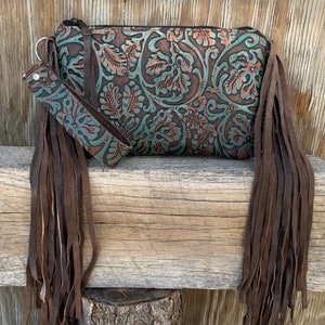 4072 Turquoise Floral Tool Wristlet Clutch Concert Hip Bag Boho Western Leather Fringe Handbag Purse