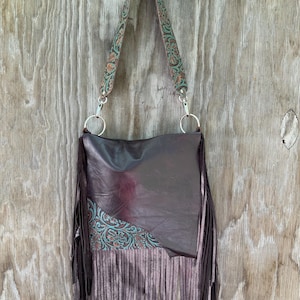1807 Ready To Ship! Turquoise Floral Cowhide Western Distressed Leather Fringe Boho Handbag Rodeo Purse