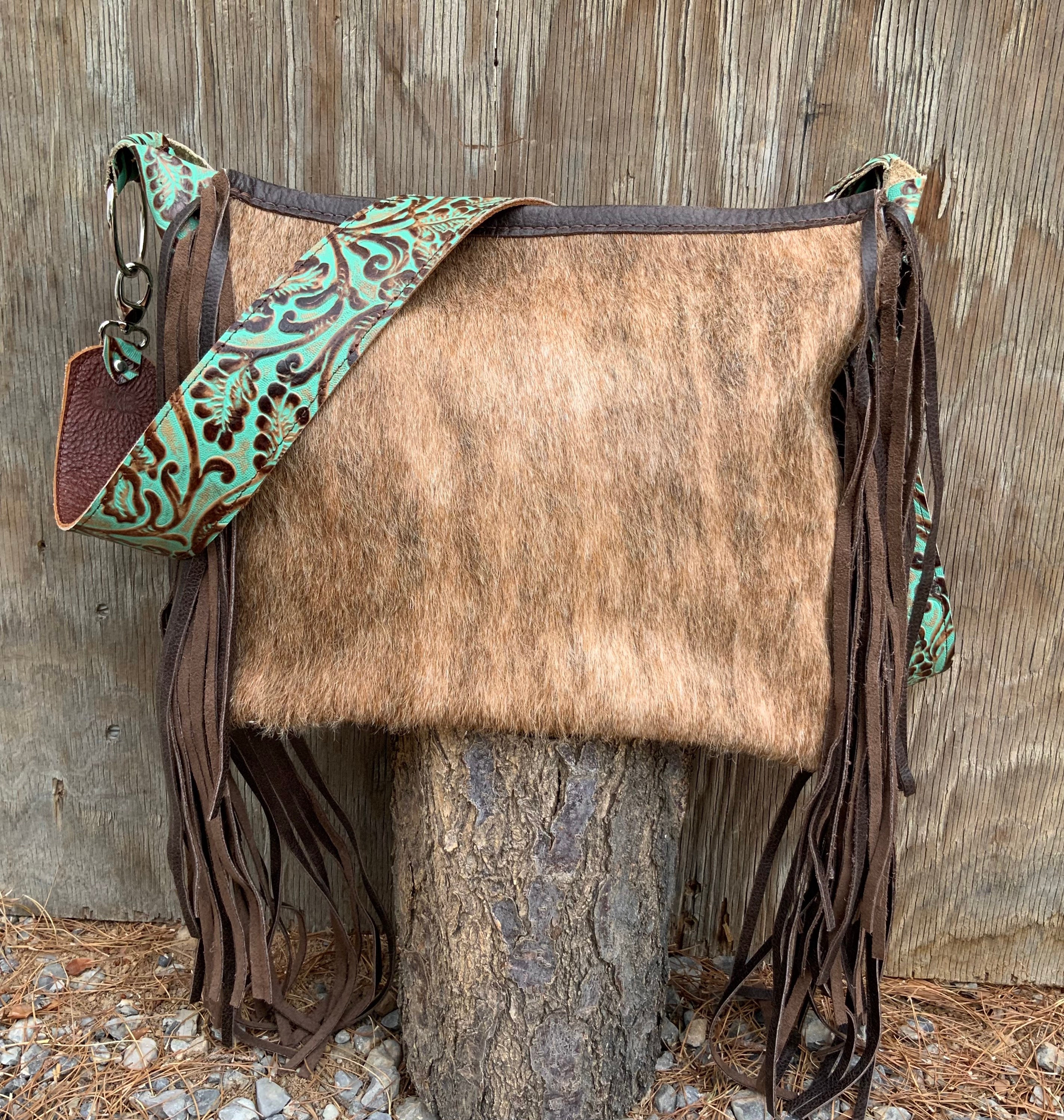 Cross Body Speckled Cowhide and Leather Fringed Handbag by Southwest Indian Foundation