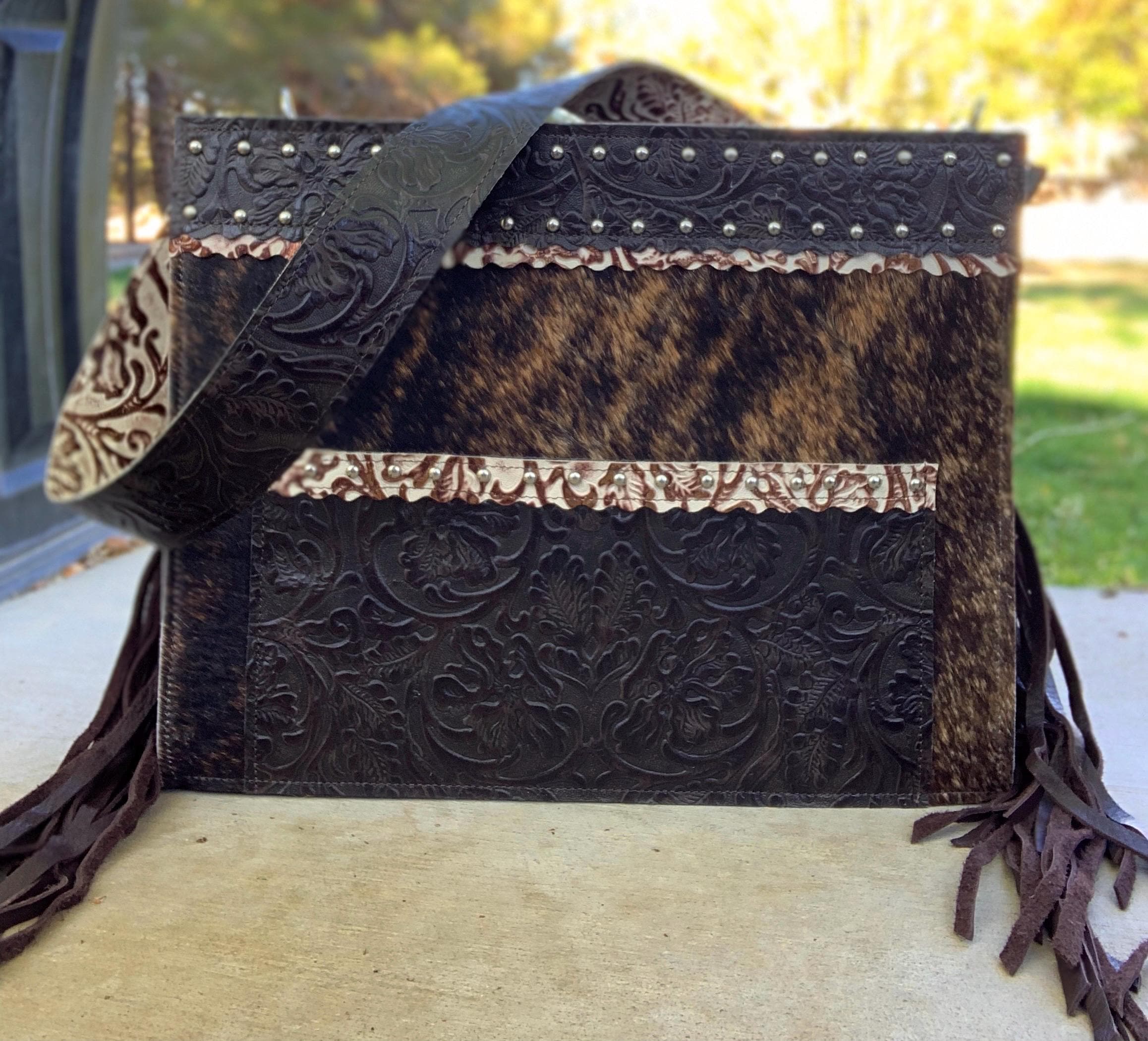 DPF1 Ready to Ship! Cowhide Fringe Diaper Bag Western Leather Handbag Rodeo XL Tote Work Bag Computer Laptop Turquoise Purse