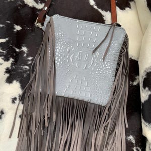 3203 Ready to Ship! SILVER Gray Croco Embossed Leather Boho Western Cowhide Fringe Handbag Rodeo Cross Body Purse
