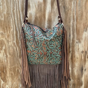 3153 Ready to Ship! Embossed Leather Boho Western Cowhide Fringe Handbag Rodeo Cross Body Purse