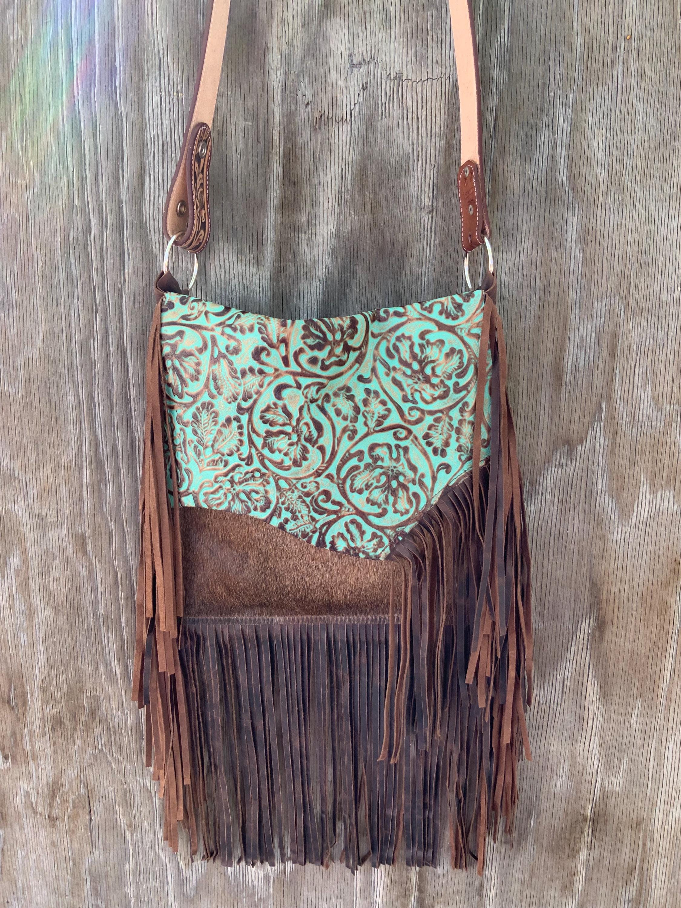Blue and Cowhide with Fringe Women\'s western Bag Turquoise Fringe Cowhide Bag – Western Leather Crossbody  main image 3