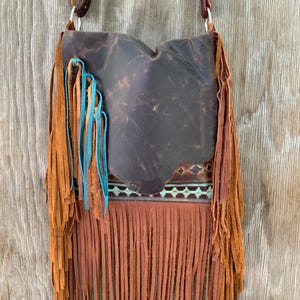1826 Ready To Ship! Turquoise Aztec Embossed Cowhide Western Distressed Leather Fringe Boho Handbag Rodeo Purse
