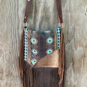 1823 Ready To Ship! Turquoise Aztec Embossed Cowhide Western Distressed Leather Fringe Boho Handbag Rodeo Purse