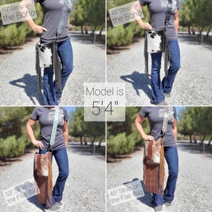 May include: Four images show a cowhide leather crossbody bag with fringe and a patterned strap. The text on the image reads "53" Strap on the Boho", "45" Strap on the Boho", "53" Strap on the Flap Bag", and "45" Strap on the Flap Bag". The model is 162.5 cm tall.