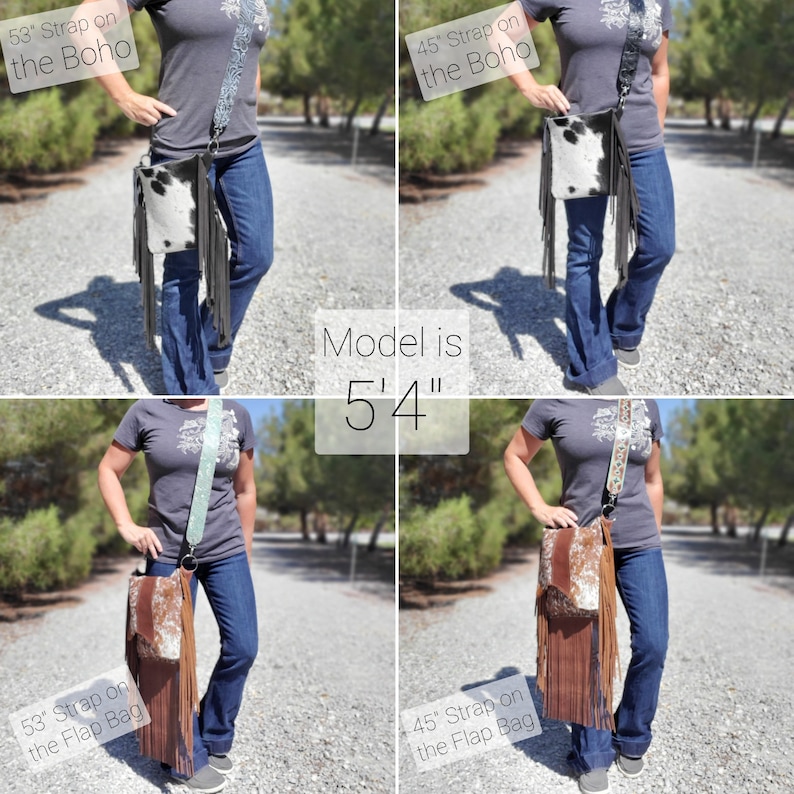 May include: Four images show a cowhide leather crossbody bag with fringe and a patterned strap. The text on the image reads "53" Strap on the Boho", "45" Strap on the Boho", "53" Strap on the Flap Bag", and "45" Strap on the Flap Bag". The model is 162.5 cm tall.