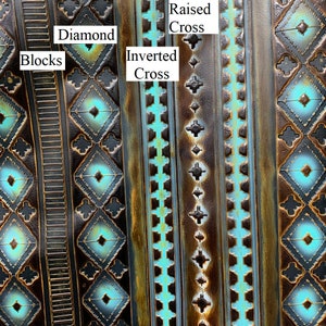 May include: Detailed close-up of a decorative surface with repeating patterns. The design includes diamond blocks, inverted crosses, and raised crosses. The colour palette features shades of brown, black, and teal, creating a textured appearance.