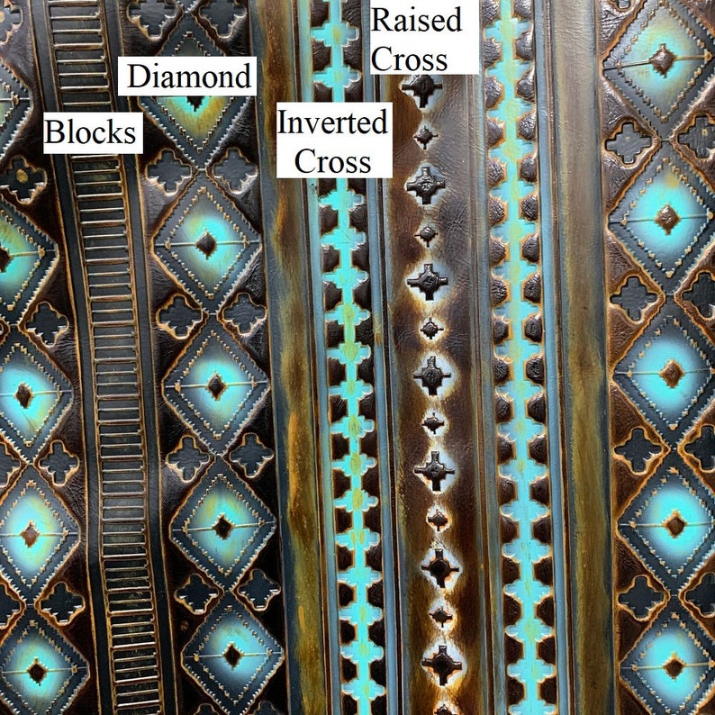 May include: Detailed close-up of a decorative surface with repeating patterns. The design includes diamond blocks, inverted crosses, and raised crosses. The colour palette features shades of brown, black, and teal, creating a textured appearance.