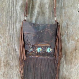 1822 Ready To Ship! Turquoise Aztec Embossed Cowhide Western Distressed Leather Fringe Boho Handbag Rodeo Purse