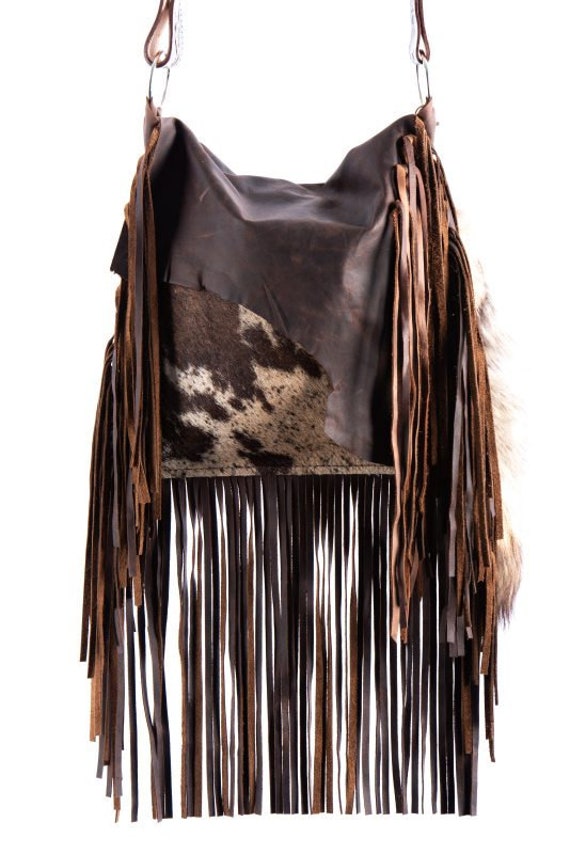 1474 Ready To Ship! Brindle Cowhide Western Distressed Leather Fringe Boho Handbag Rodeo Purse