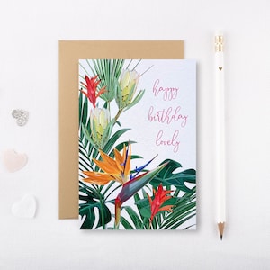 Cartão de aniversário com flores tropicais - Cartão de flores tropicais - Cartão de aniversário - Cartão tropical - Cartão de felicitações tropical - Aniversário floral - GCT001