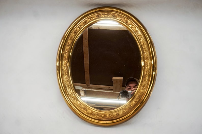 Distressed Oval Mirror Brass Colored Frame Hall Decorative