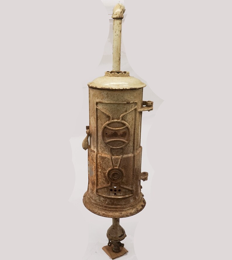 Antique Hot Water Heater with Burner Steampunk Industrial Copper Pipe Coil Gas or Oil heater Architectural Salvage