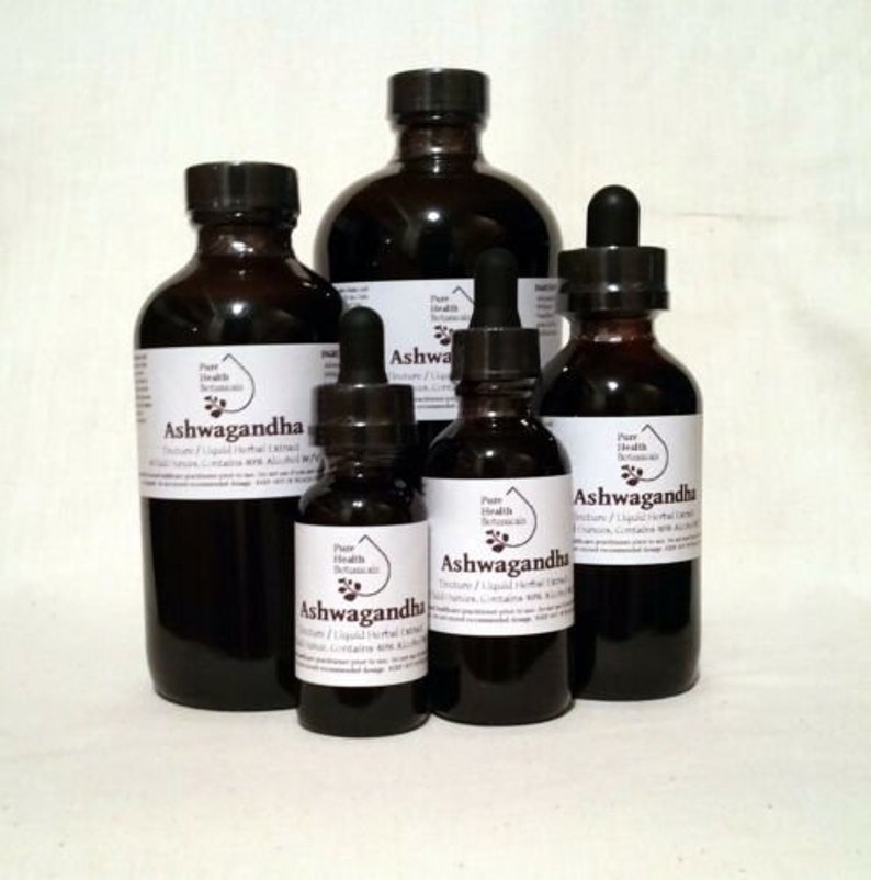 May include: Four glass bottles of Ashwagandha tincture, in various sizes, with labels that read "Pure Health Botanicals" and "Ashwagandha Tincture/Liquid Herbal Extract".