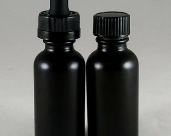 1oz Matte Black Glass Bottle, Dropper or Cap, Boston Round