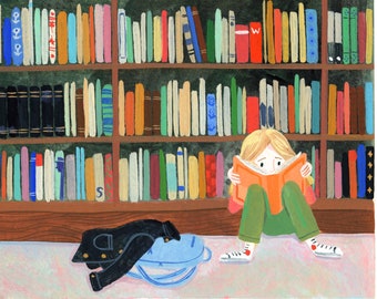 bookstore girl | artwork | original art print | unique gift | home decor | gouache