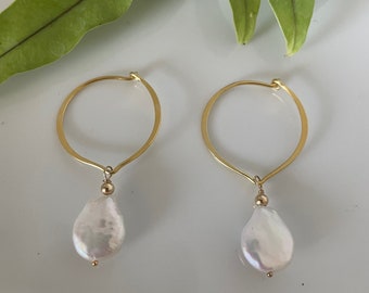 gold hoop earrings- tear drop dangle earrings- Lotus petal shaped gold hoop with fresh water tear drop pearl-Wedding jewelry