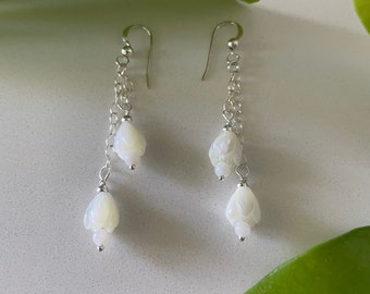 Mother of Pearl Pikake Flower Earrings - Sterling Silver Jasmine Dangle Earrings