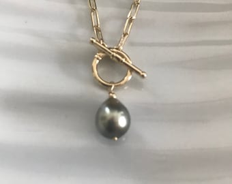 Tahitian Pearl Necklace - Tahitian pearl tear drop pendant necklace - Paper clip Necklace with tear drop tahitian pearl