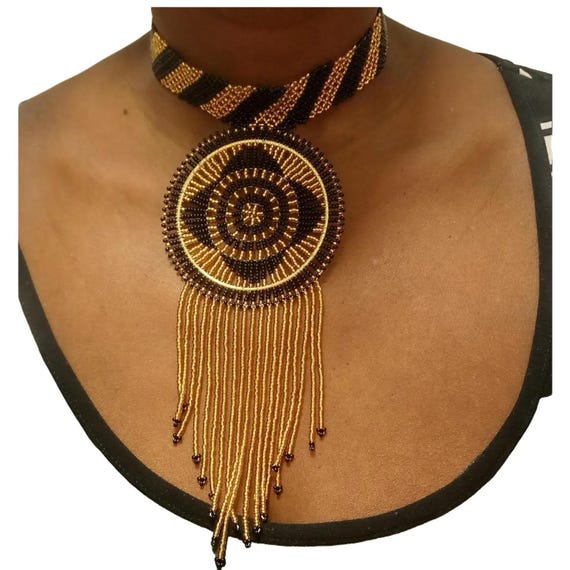 Handmade bead African Fashion cascade choker- Choker necklace with Fringe